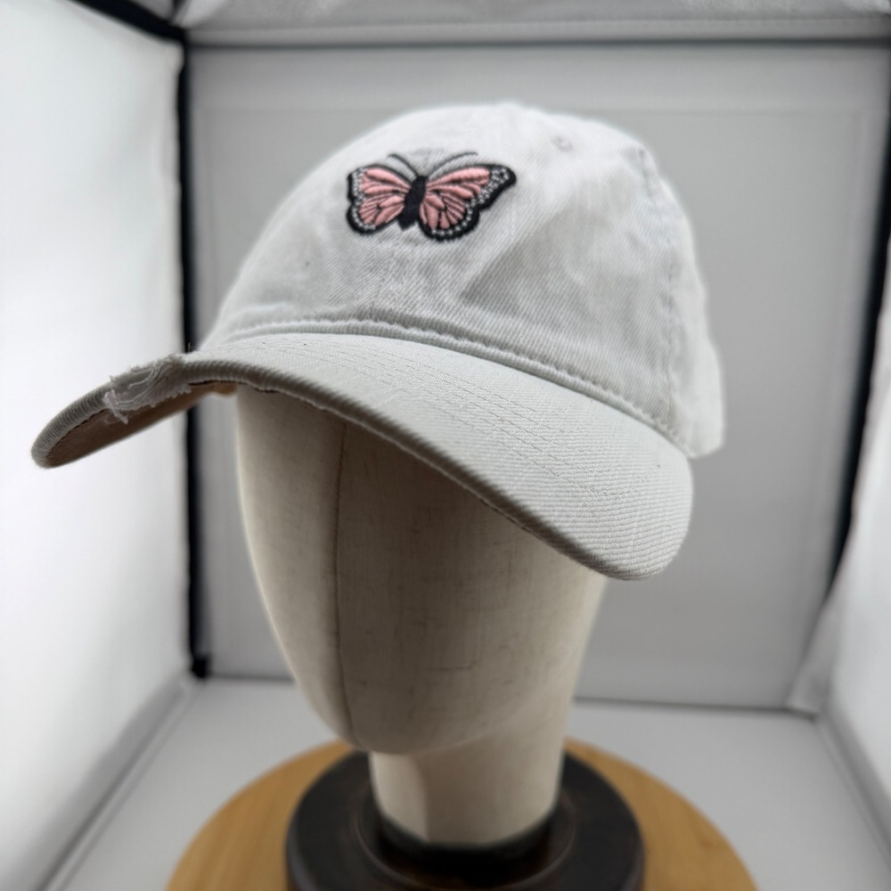 White Butterfly Embroidered Cap Distressed Brim Cottagecore Y2K Adjustable
